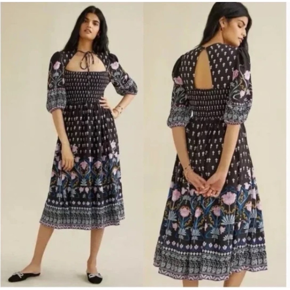 by Anthropologie Black Smocked Floral Midi Dress - size Extra Small